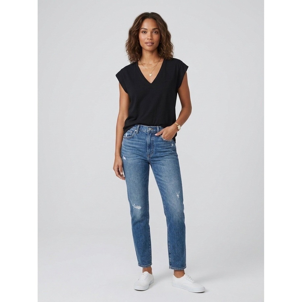FRAME Le Mid Rise V Noir Black Organic Pima Cotton Cap Sleeve Tee LWTS0826